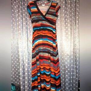 Olivia Matthews Striped Wrap Maxi Dress in Orange, Black & Teal
